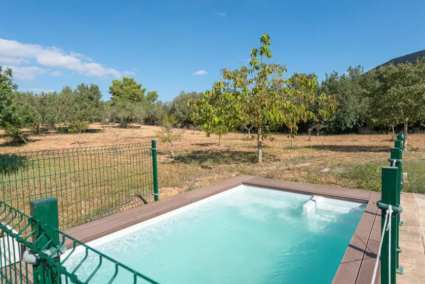 Una piscina exterior da a un paisaje seco y arbolado.