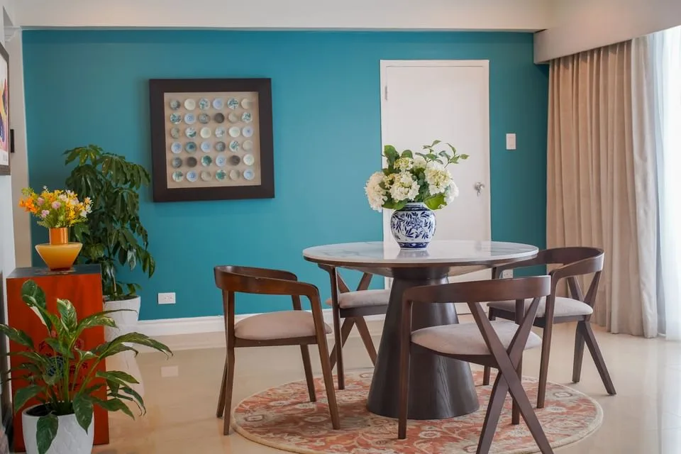 Dining area with table and chairs.