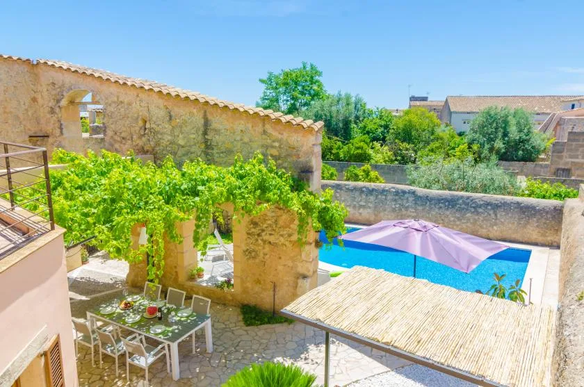 Un patio soleado con piscina, zona de sombra y vegetación trepadora.