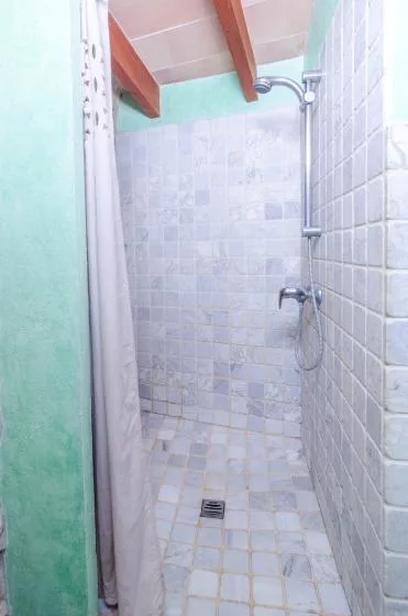 Una zona de ducha con azulejos, una ducha mural y un desagüe en el suelo.