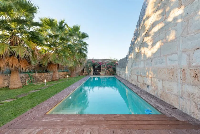 Una piscina rectangular al aire libre está rodeada por una terraza de madera y palmeras.