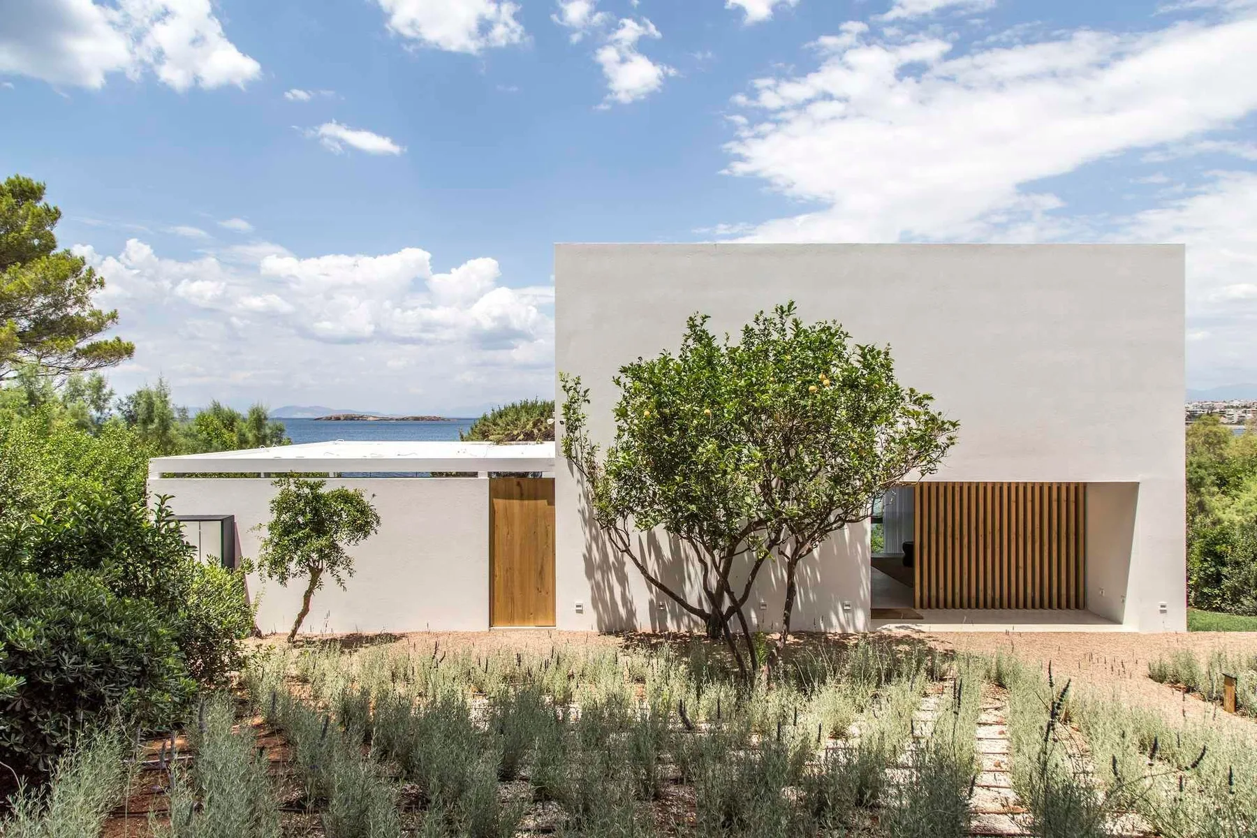 Una casa moderna con techo plano se alza entre plantas bajas de jardín bajo un cielo azul.