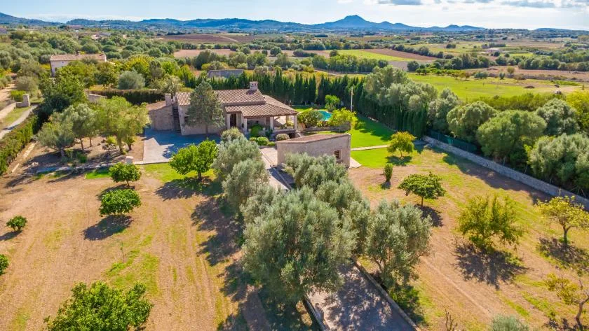 Vista aérea de una propiedad rural con una casa, árboles y campos alrededor.