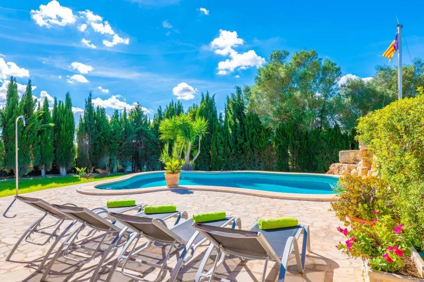 Una piscina al aire libre junto a un patio pavimentado con asientos reclinables y vegetación.