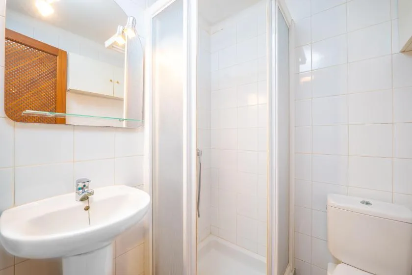 Un baño con azulejos, lavabo, ducha e inodoro.