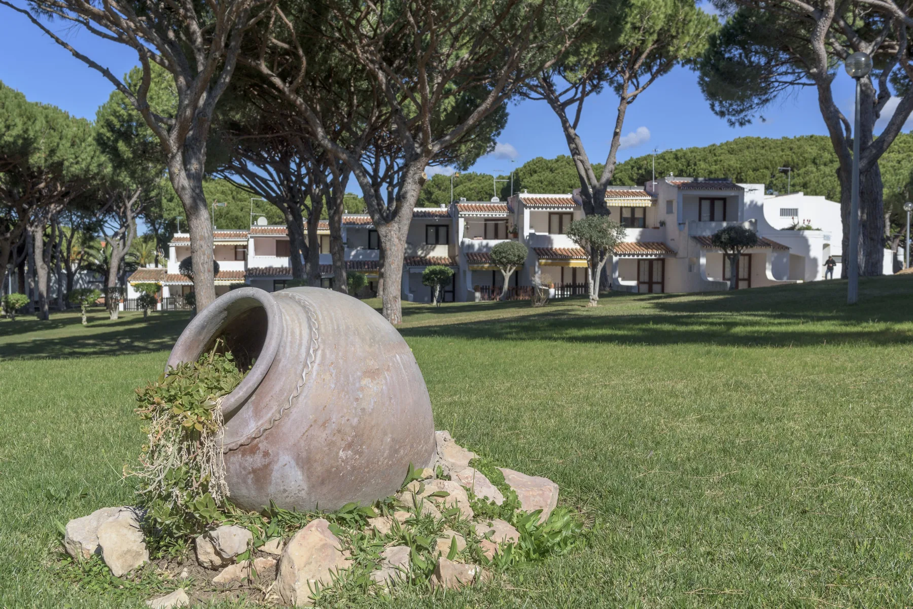 Varios edificios residenciales se ven detrás de un césped y una gran jardinera de piedra.