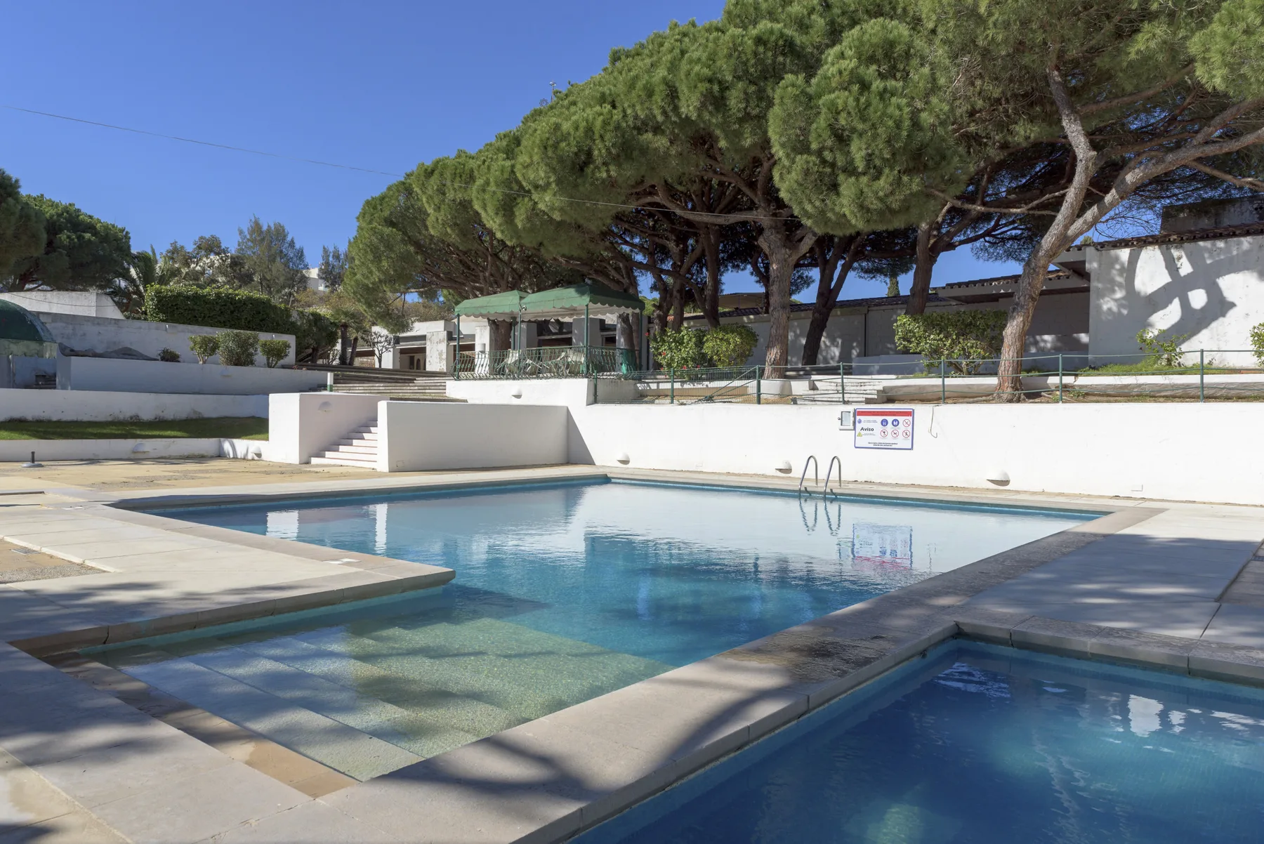 Una piscina al aire libre está junto a una terraza pavimentada y árboles maduros.