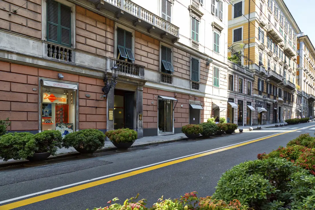 Una calle de la ciudad pasa junto a edificios de varios pisos, tiendas y vegetación en la acera.