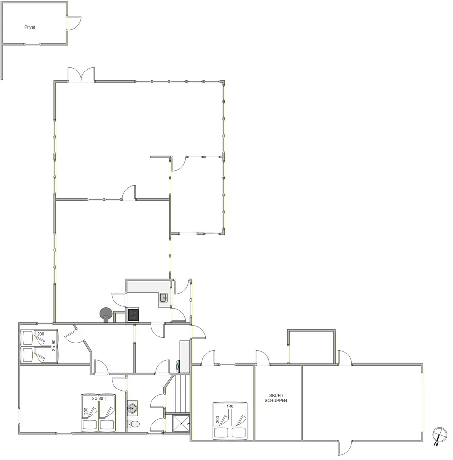 Un plano muestra varias habitaciones, baños y una amplia zona abierta.