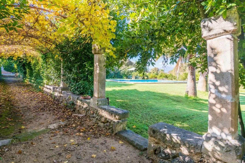 Un jardín frondoso bordea un césped verde, con una piscina al fondo.