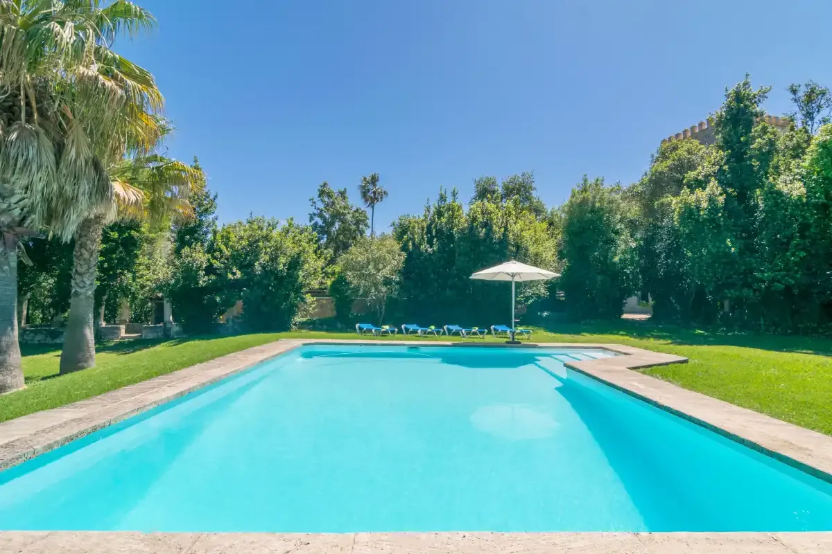 Una piscina al aire libre está rodeada de vegetación, con una sombrilla junto al agua.