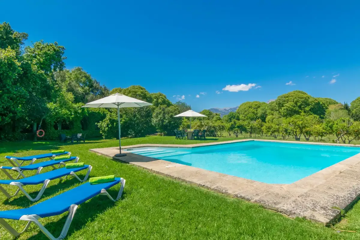 Una piscina exterior está rodeada de césped, árboles y tumbonas.