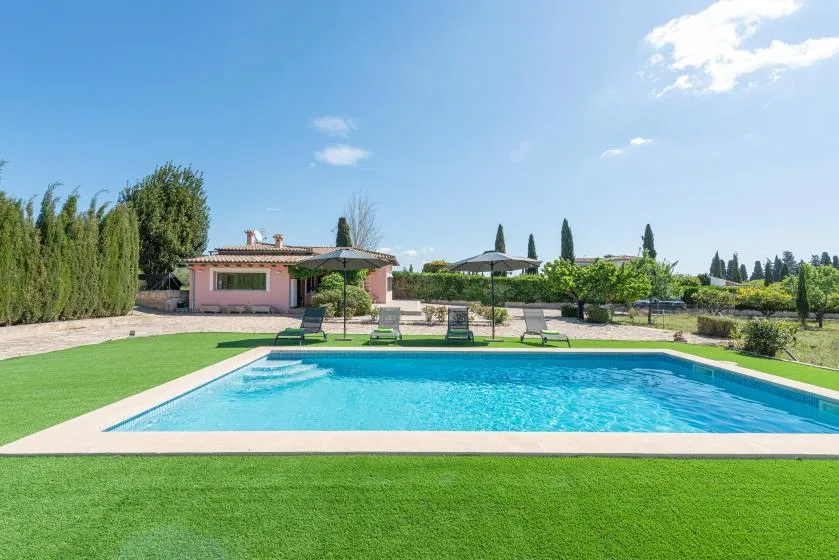 An outdoor swimming pool sits beside a lawn and a small pink building.