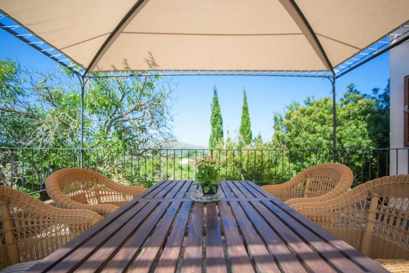 An outdoor terrace with a long table and woven seating beneath a canopy.