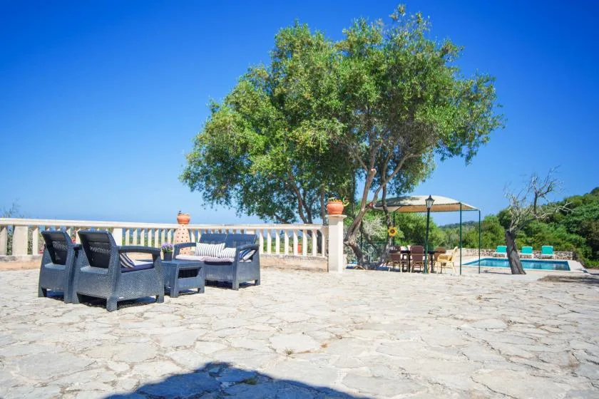 A stone patio with outdoor seating beneath a large tree beside a pool.