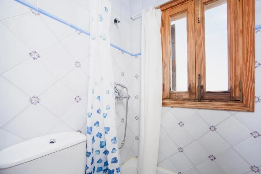 A tiled bathroom with a shower curtain and a wooden-framed window.
