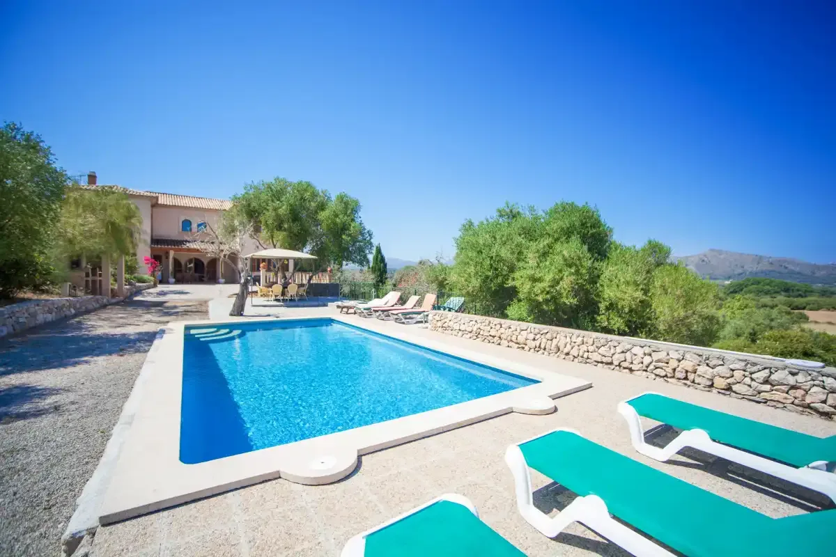 A swimming pool beside a sunlit patio with lounge seating and greenery.
