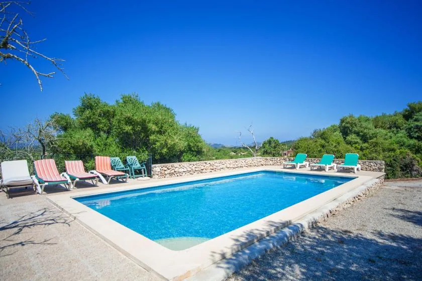 An outdoor swimming pool sits beside lounge seating and a low stone wall.