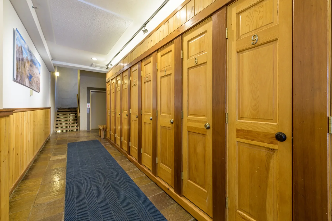 Un pasillo con puertas de madera y una alfombra azul en el suelo.