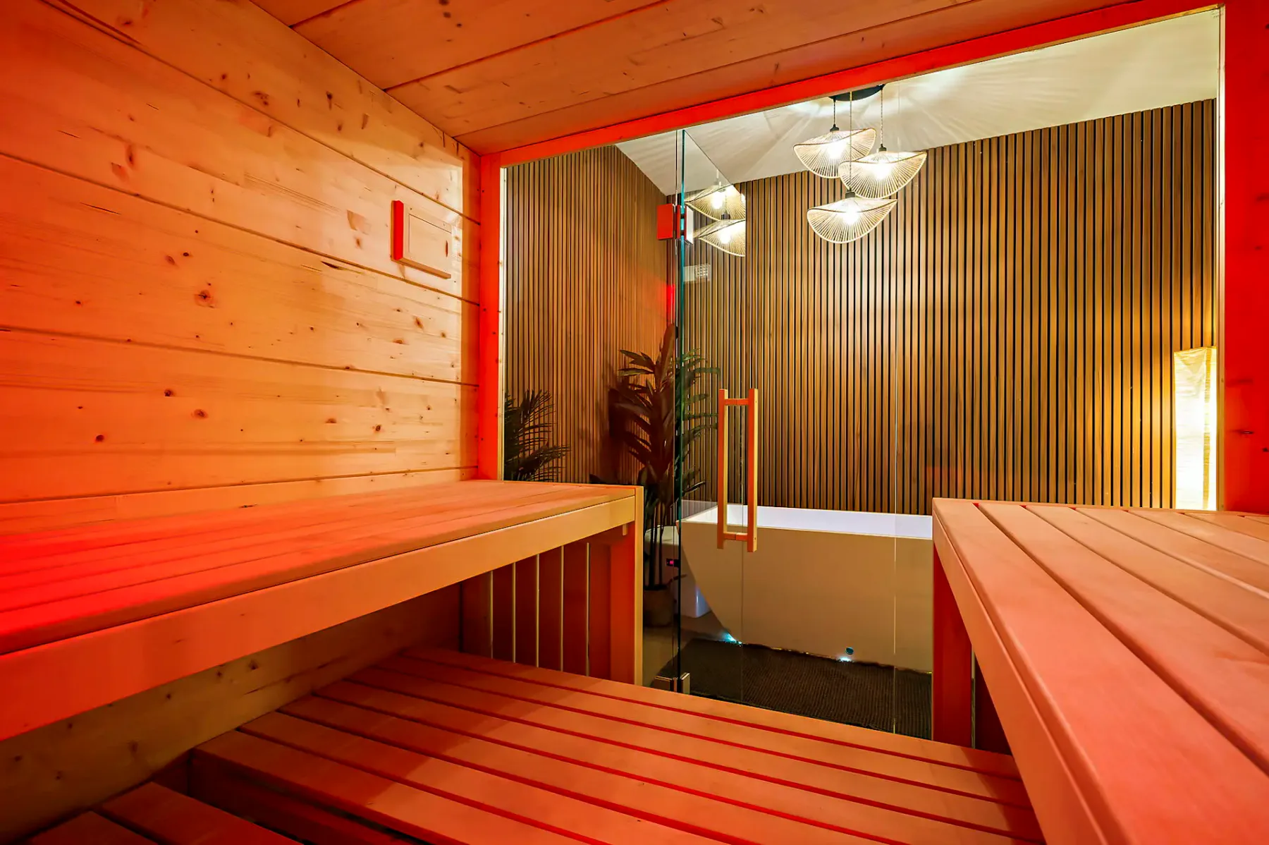 Interior de sauna de madera con iluminación roja, bancos de listones, puerta de vidrio y lámparas modernas en el techo.