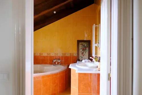 Charming Suite bathroom with corner bathtub