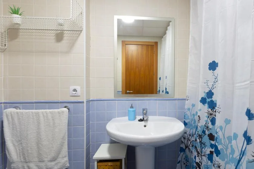 A bathroom with a sink, mirror, and blue floral shower curtain.