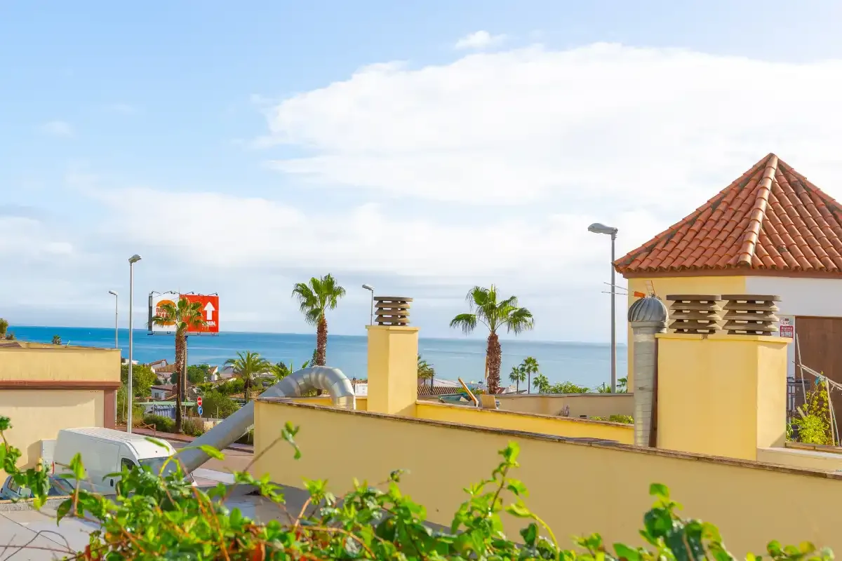 A coastal scene with rooftops, palm trees, and the sea in the distance.