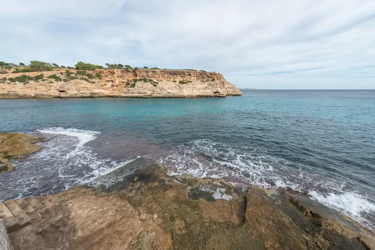 A rocky shoreline with gentle waves and a low coastal cliff.