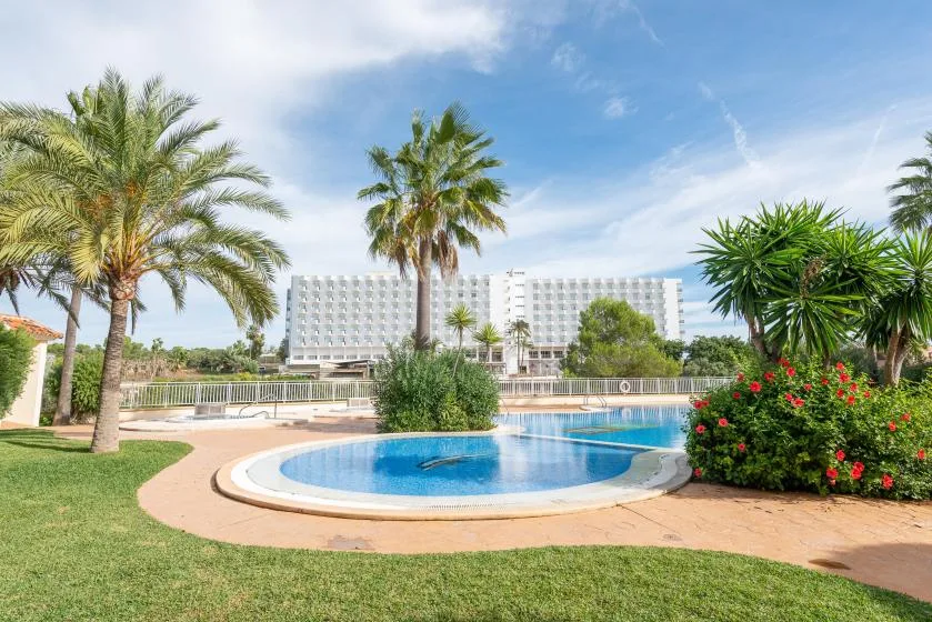 Outdoor pool surrounded by palm trees, flowering shrubs, and lawn.