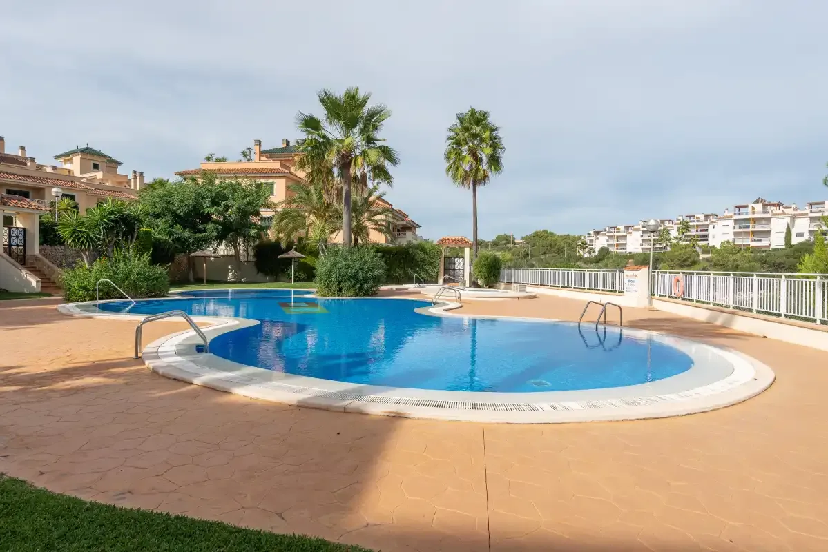 An outdoor swimming pool is surrounded by a paved deck and palm trees.
