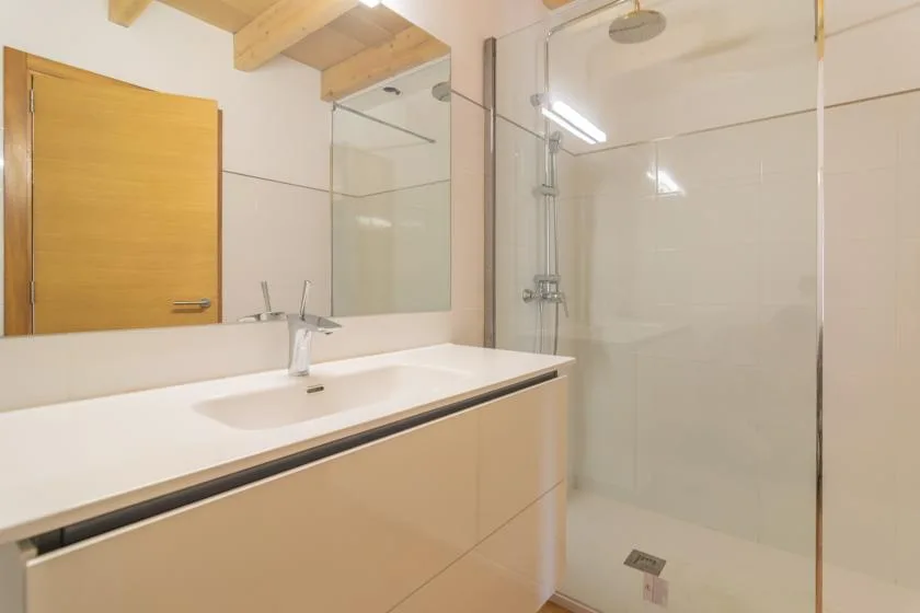 Un baño con una amplia encimera de lavabo y una ducha de vidrio.