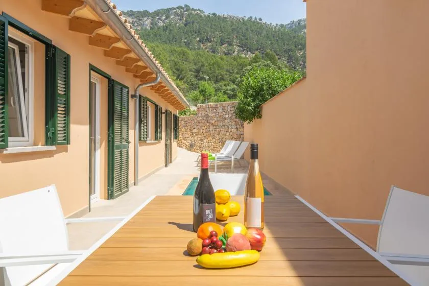 An outdoor dining area with a wooden table set with fruit and drinks.