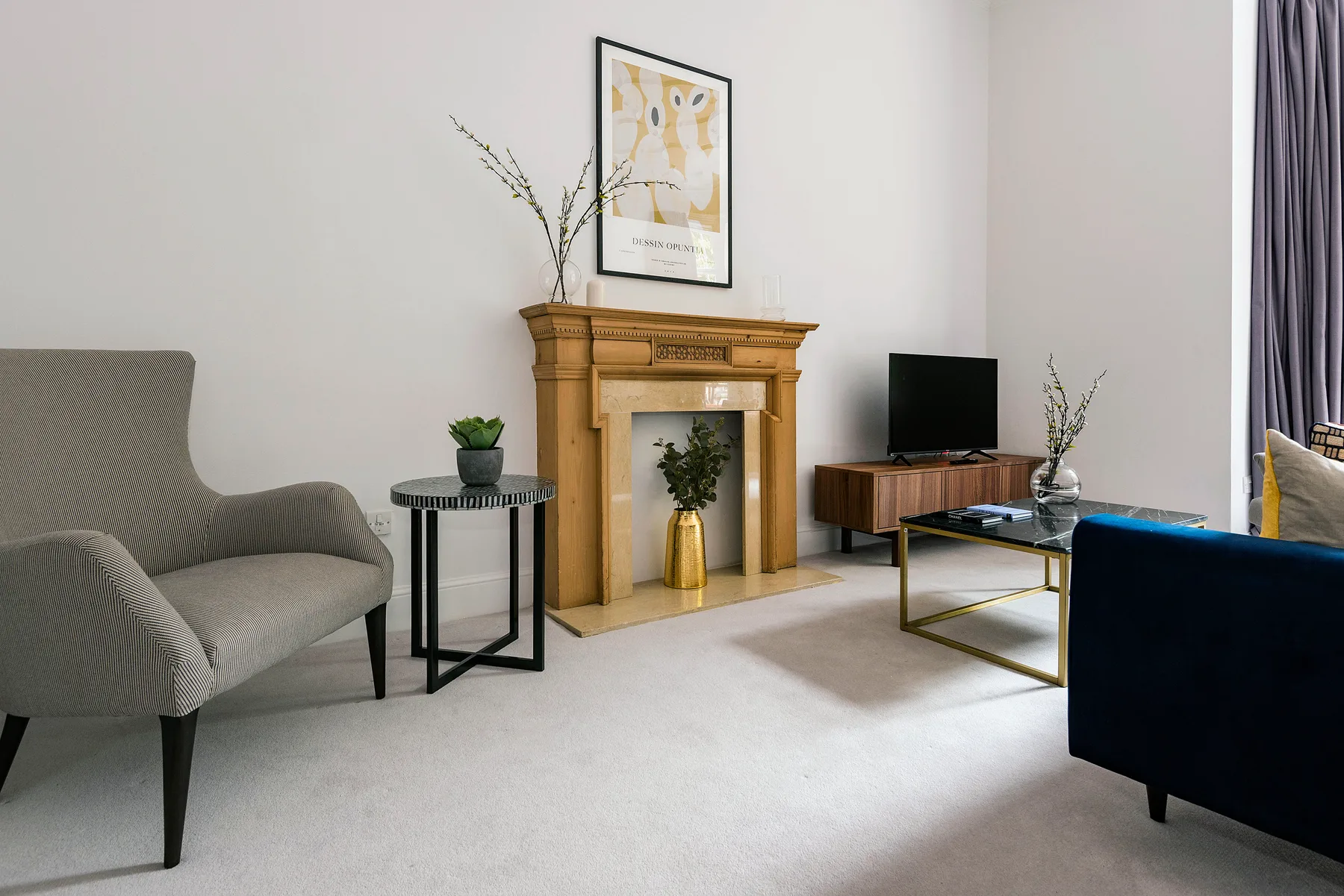 A living room with seating, a fireplace, and a television.
