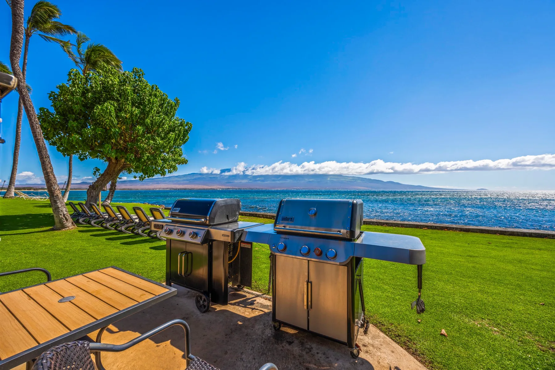 Outdoor barbecue area beside a lawn, with grills facing the ocean.