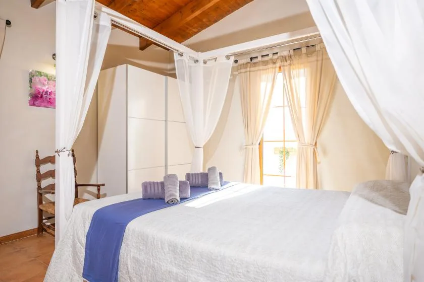 Un dormitorio luminoso con una cama grande, un techo de madera y una ventana con cortinas.