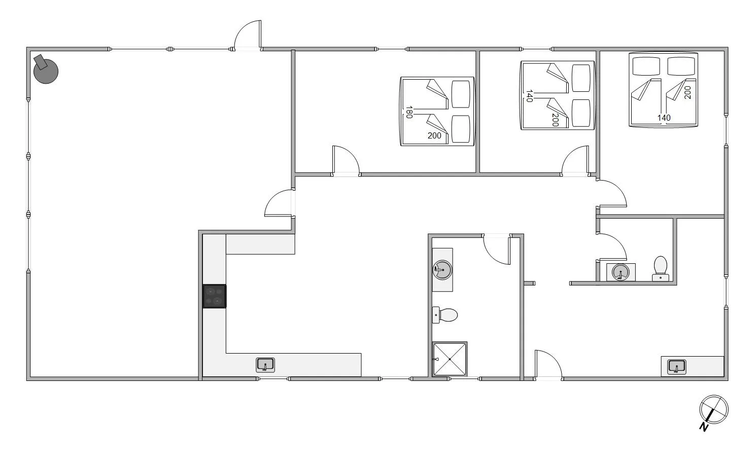 Un plano muestra la distribución de una vivienda con dormitorios, baños y un pasillo central.