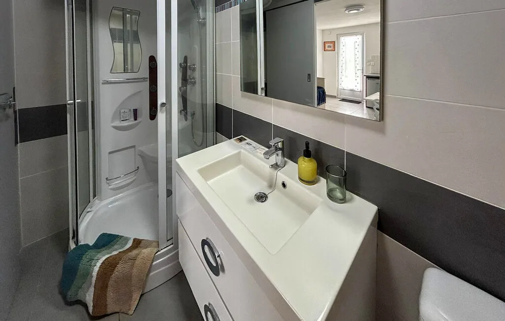 Un baño con lavabo, espejo de pared y ducha cerrada.