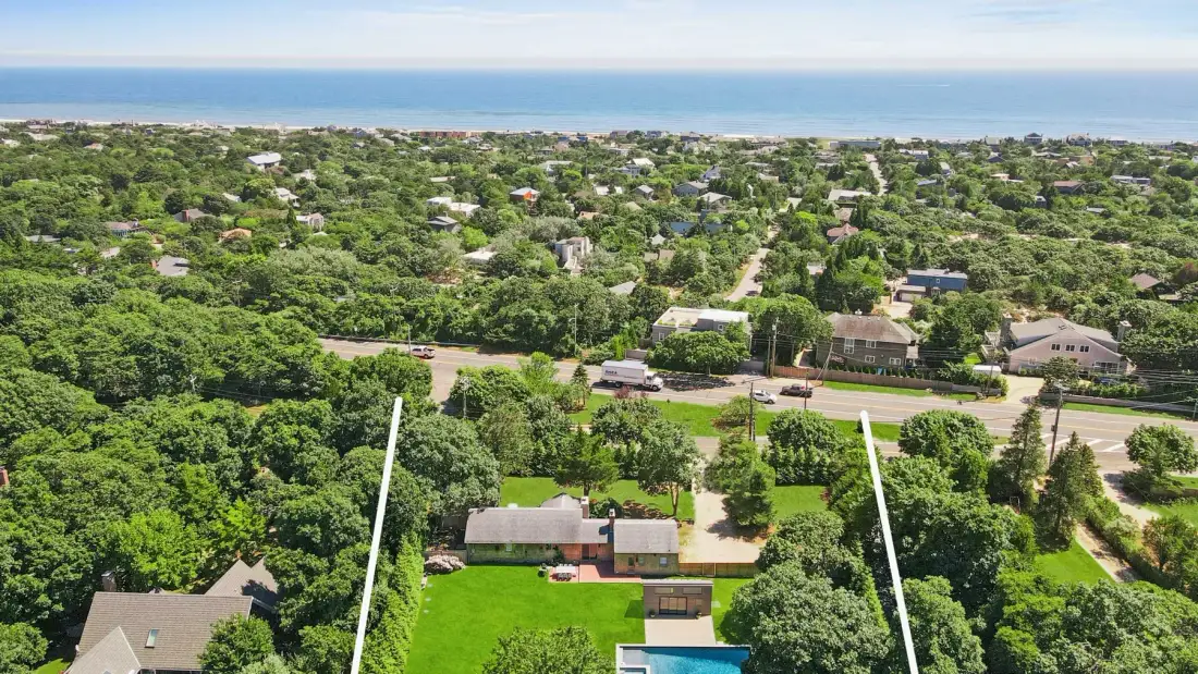 Aerial view of a green neighborhood with houses and the ocean in the distance.
