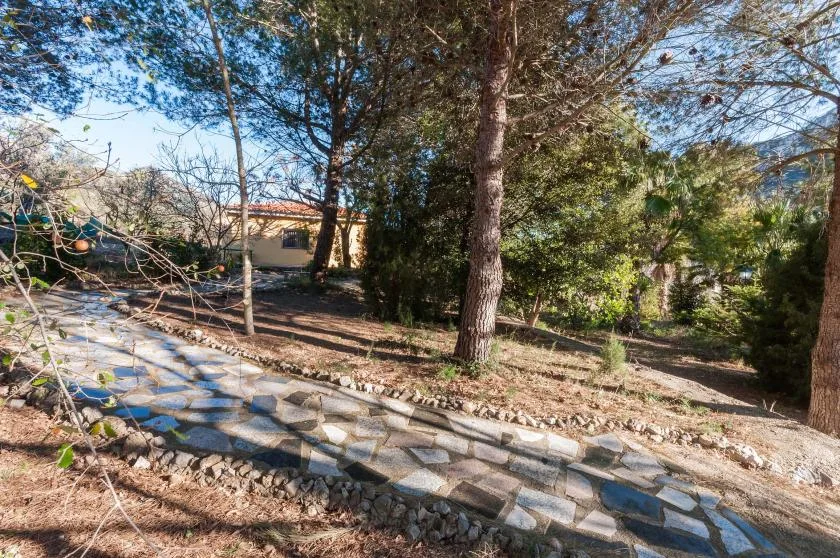 A stone-paved path winds through a wooded garden beside a building.