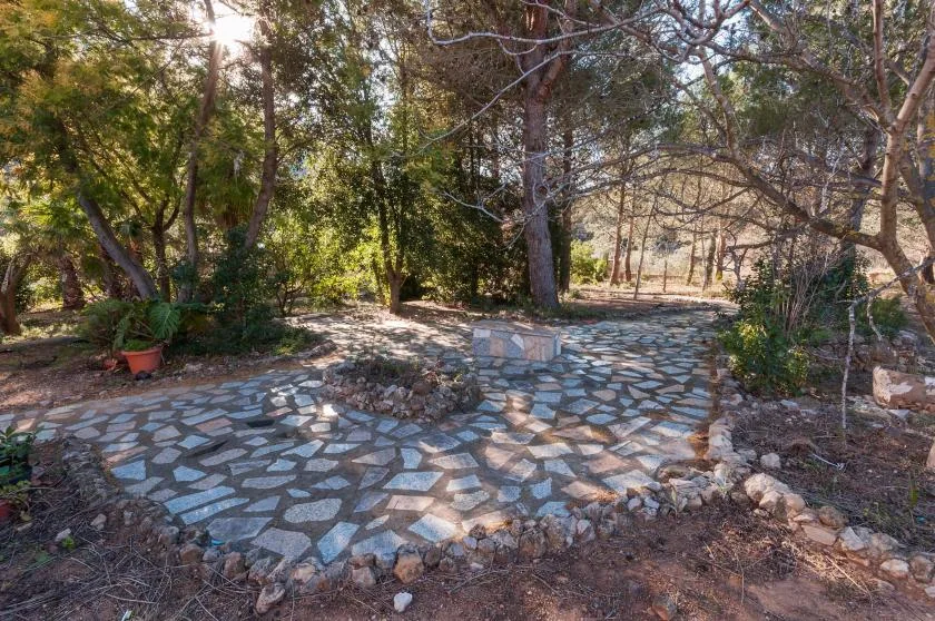 A stone-paved path winds through a wooded garden.