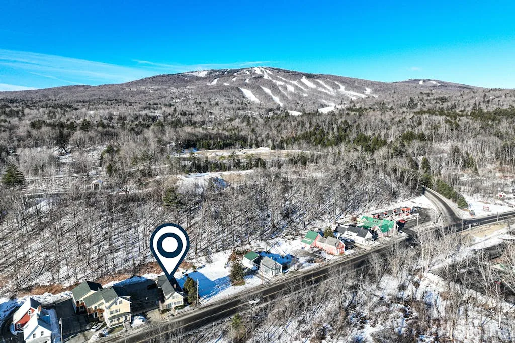 Aerial view of homes along a road in a snowy, wooded mountain landscape.