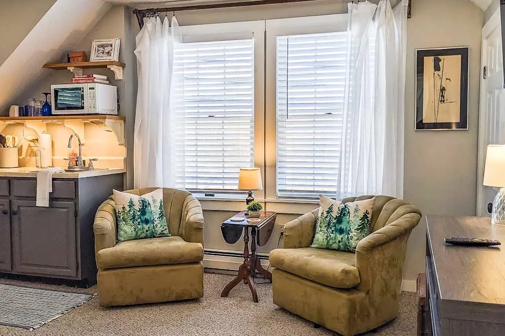 A sitting area with two armchairs, a small table, and bright windows.