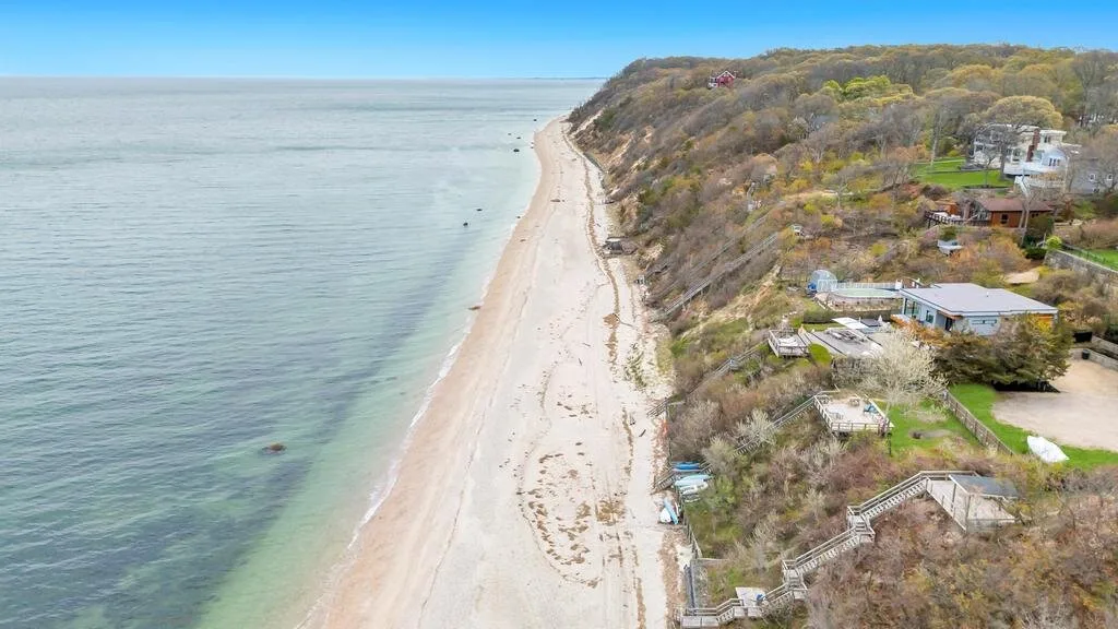 Una vista aérea muestra una larga playa de arena junto a aguas tranquilas y una ladera boscosa.
