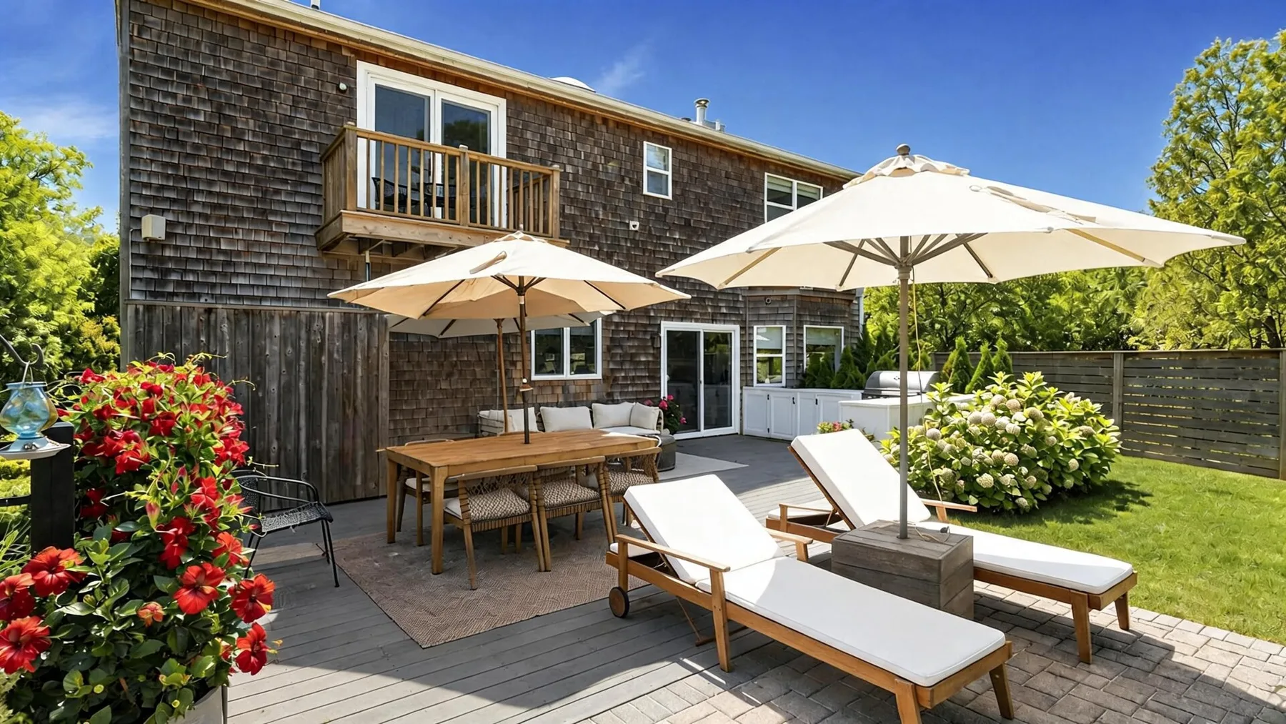 Un patio exterior con comedor, sillones y sombrillas abiertas junto a una casa.