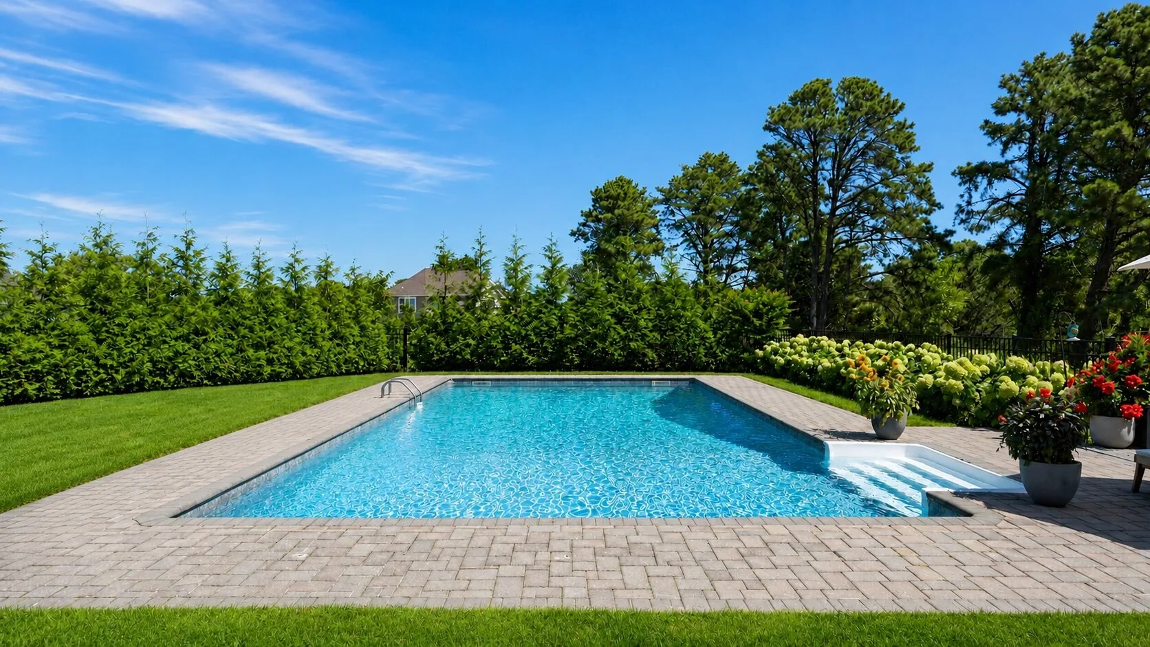Una piscina al aire libre está rodeada por una terraza pavimentada, césped y vegetación.