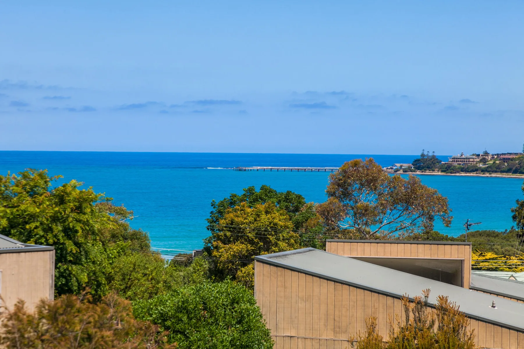 A coastal view shows blue ocean beyond trees and low buildings.