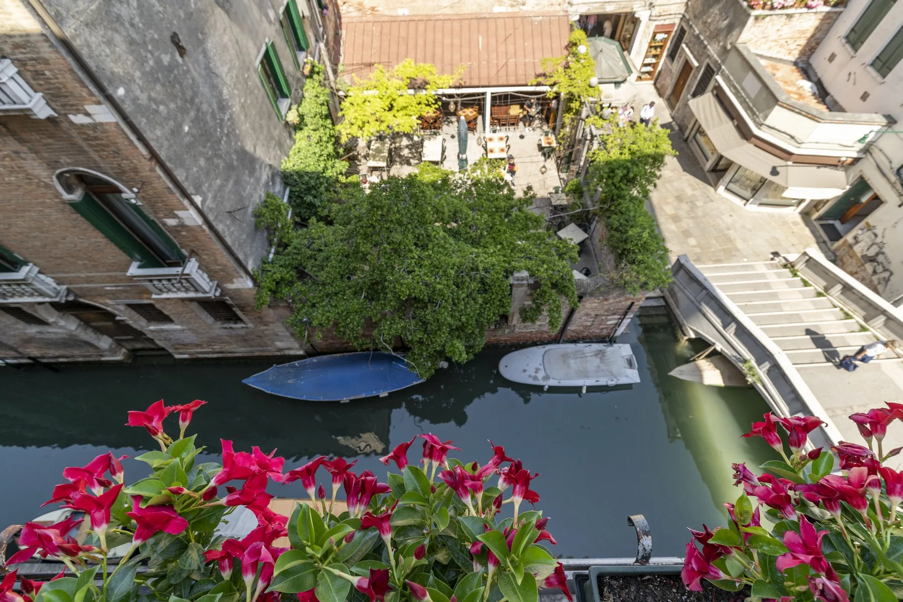 Aerial view of a narrow canal between buildings, with flowers in the foreground.