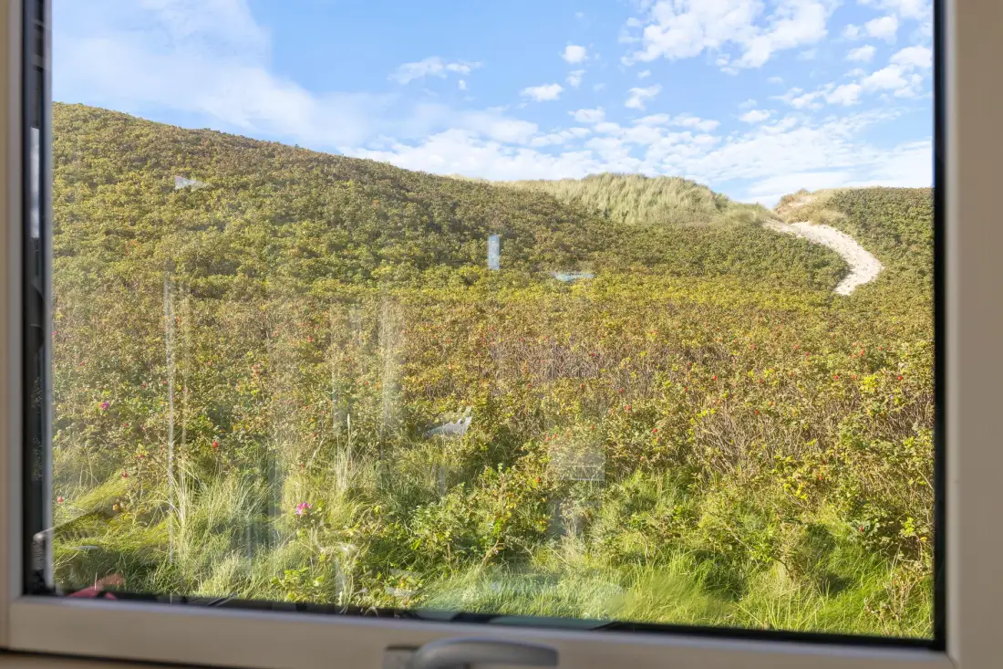 Una ventana enmarca una ladera verde con un sendero sinuoso bajo un cielo parcialmente nublado.