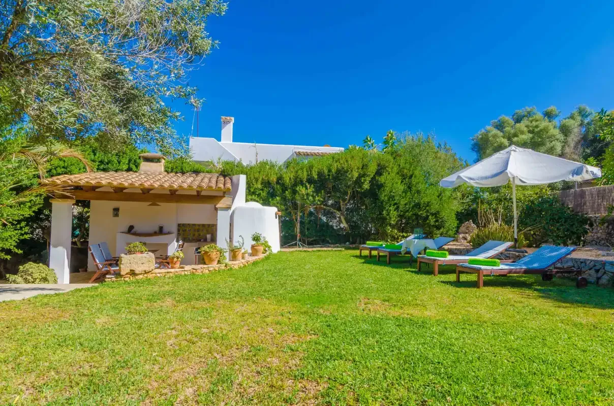 A sunny garden with a covered seating area and loungers beside the lawn.