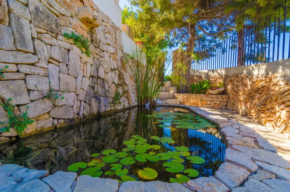 A garden pond with lily pads sits beside a stone walkway and planted borders.
